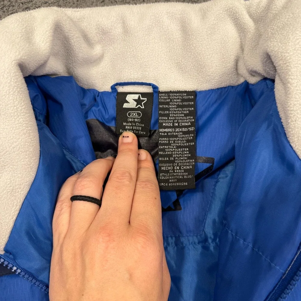VTG Starter Jacket Mens 2XL Blue Puffer Down Full Zip Fleece‎ Collar Ripstop